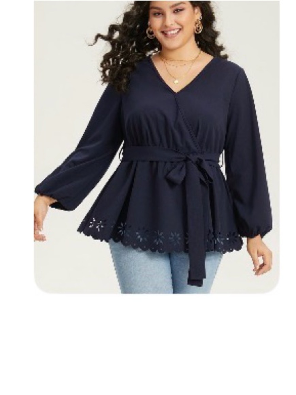BloomChic Navy Long Sleeve Wrap Tunic with Daisy Eyelet Hem and Tie Waist